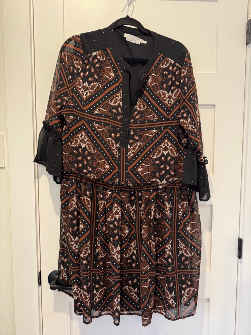 Black & Brown Paisley Mini Dress with Ruffle Sleeves - Maison Simons